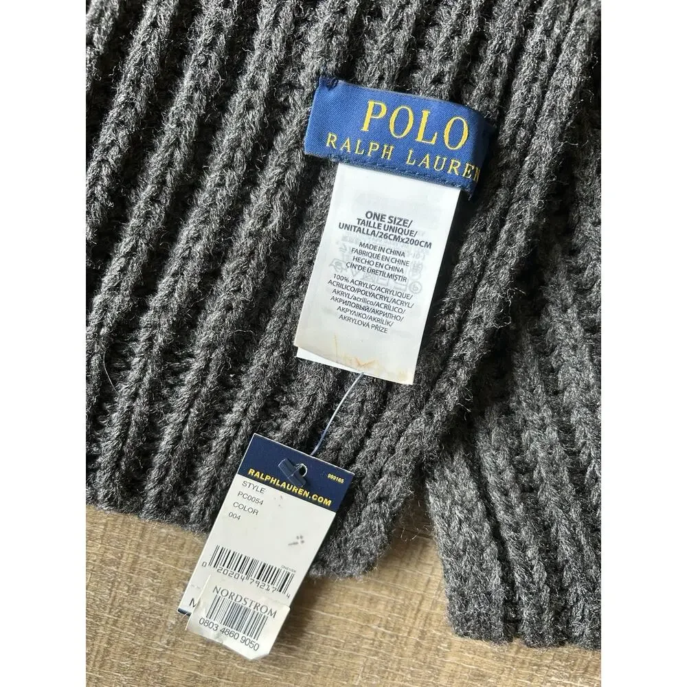 Polo Ralph Lauren Scarf Gray Rib Knit Logo Mens 10x72 Classic Preppy Classic NWT